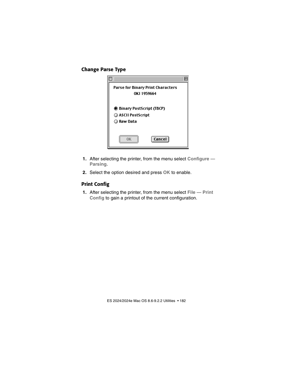 Change parse type, Print config, Change parse type print config | Oki 2024/2024e User Manual | Page 182 / 260