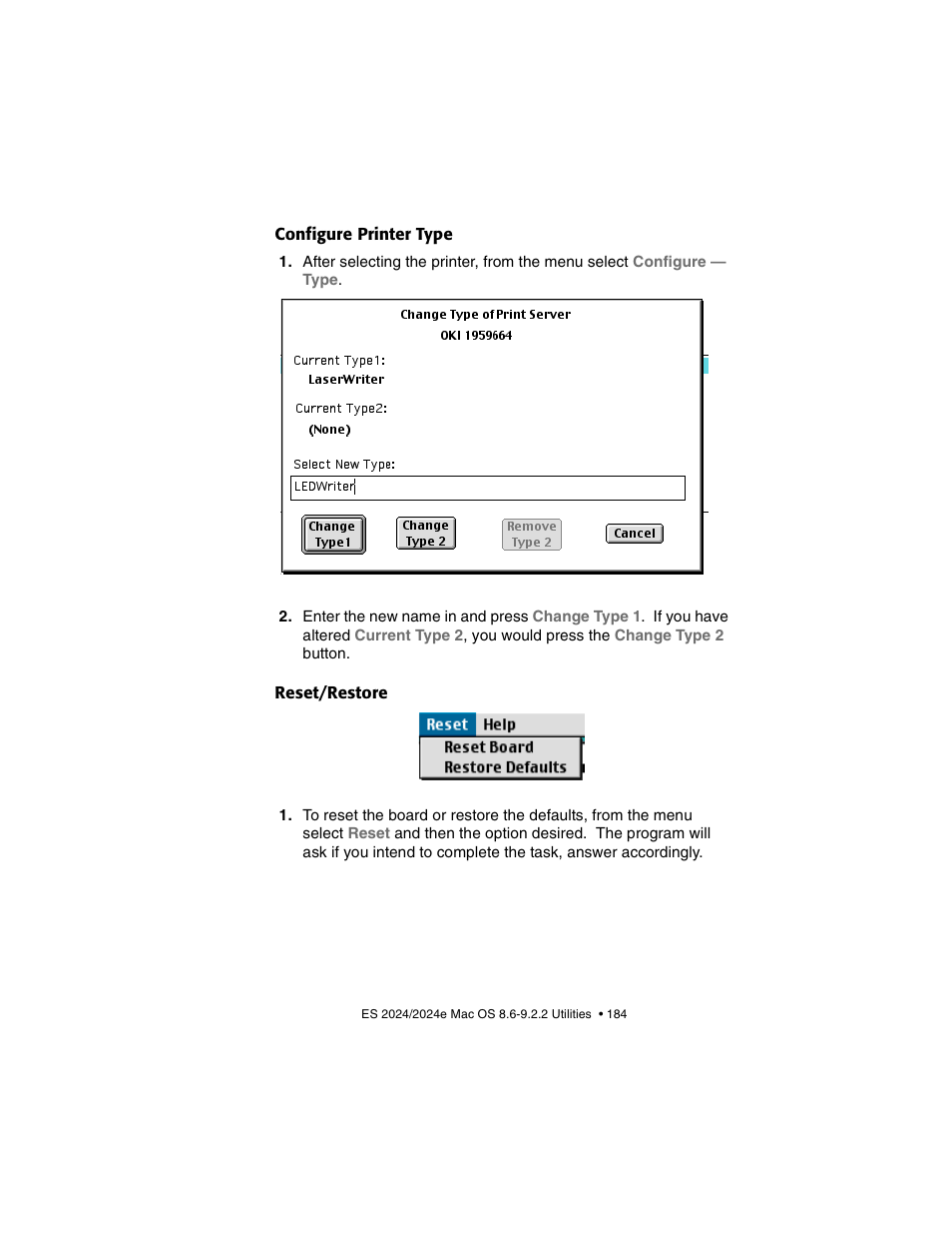 Configure printer type, Reset/restore, Configure printer type reset/restore | Oki 2024/2024e User Manual | Page 184 / 260