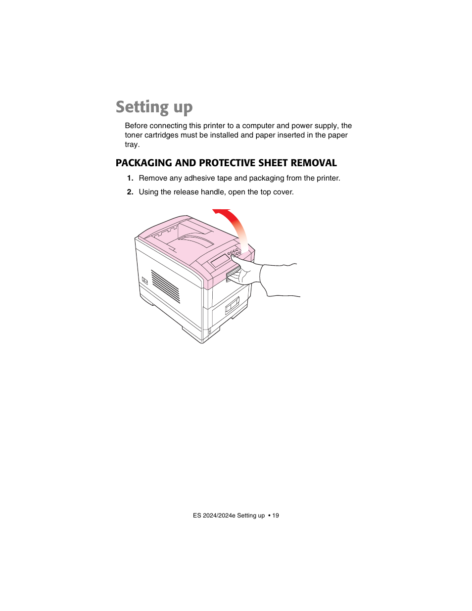Setting up, Packaging and protective sheet removal | Oki 2024/2024e User Manual | Page 19 / 260