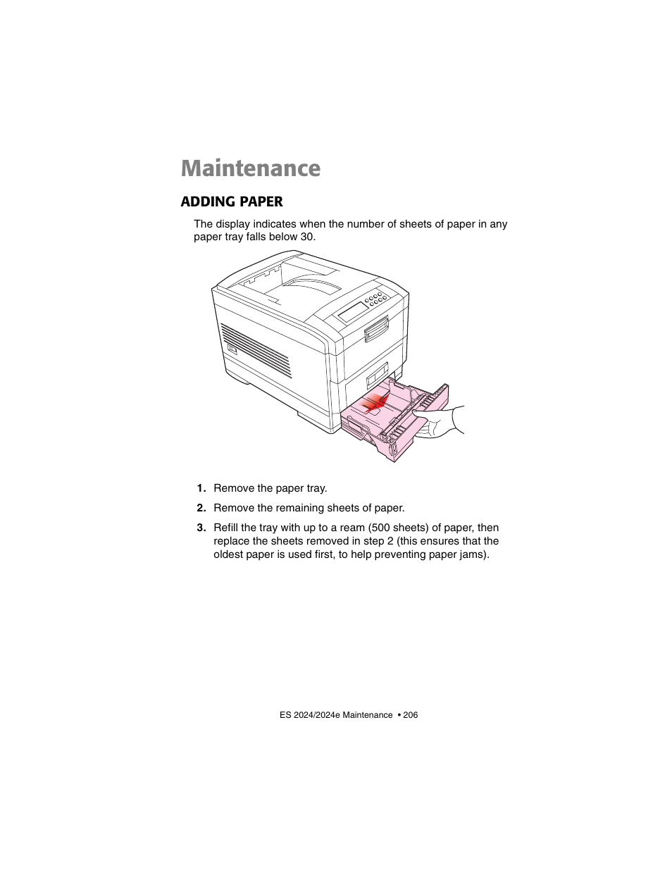 Maintenance, Adding paper | Oki 2024/2024e User Manual | Page 206 / 260