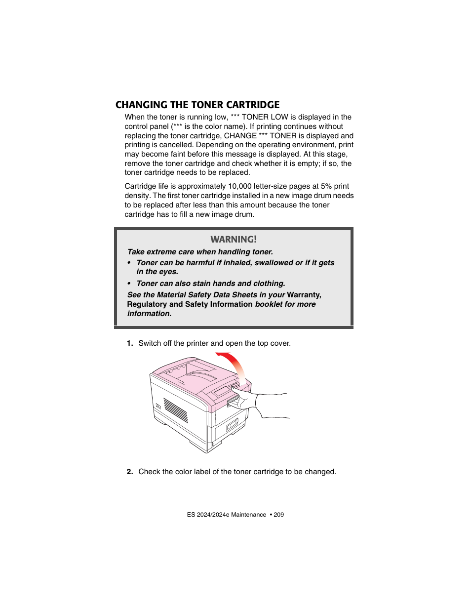 Changing the toner cartridge | Oki 2024/2024e User Manual | Page 209 / 260