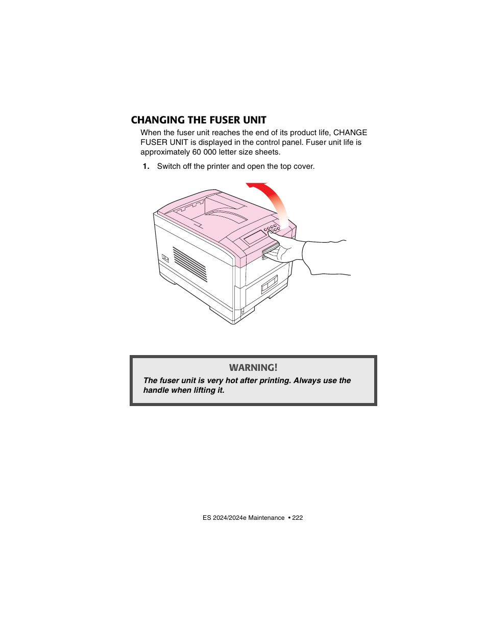Changing the fuser unit, Warning | Oki 2024/2024e User Manual | Page 222 / 260