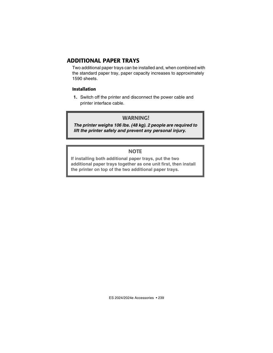 Additional paper trays, Installation | Oki 2024/2024e User Manual | Page 239 / 260