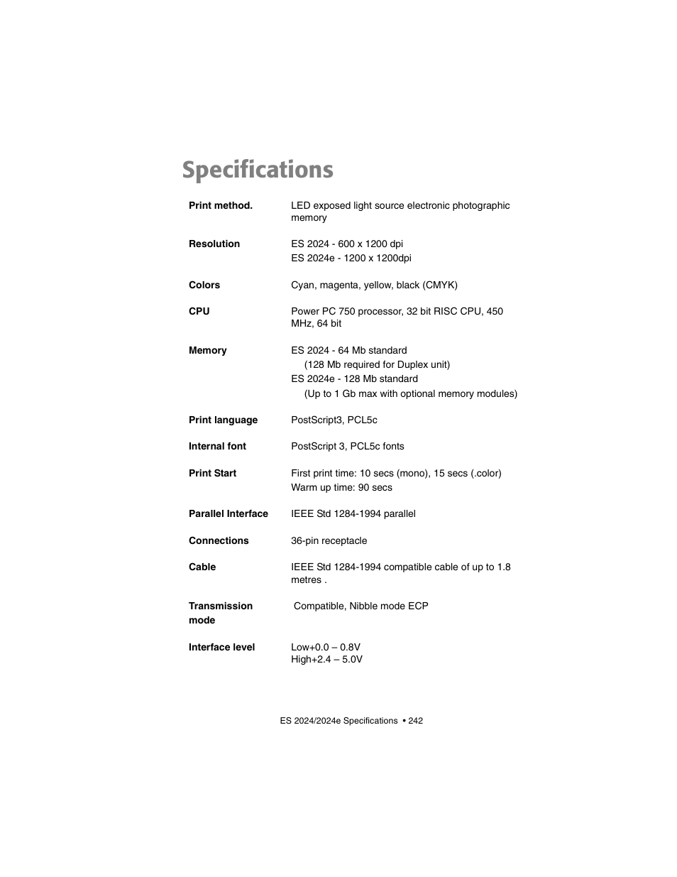 Specifications | Oki 2024/2024e User Manual | Page 242 / 260