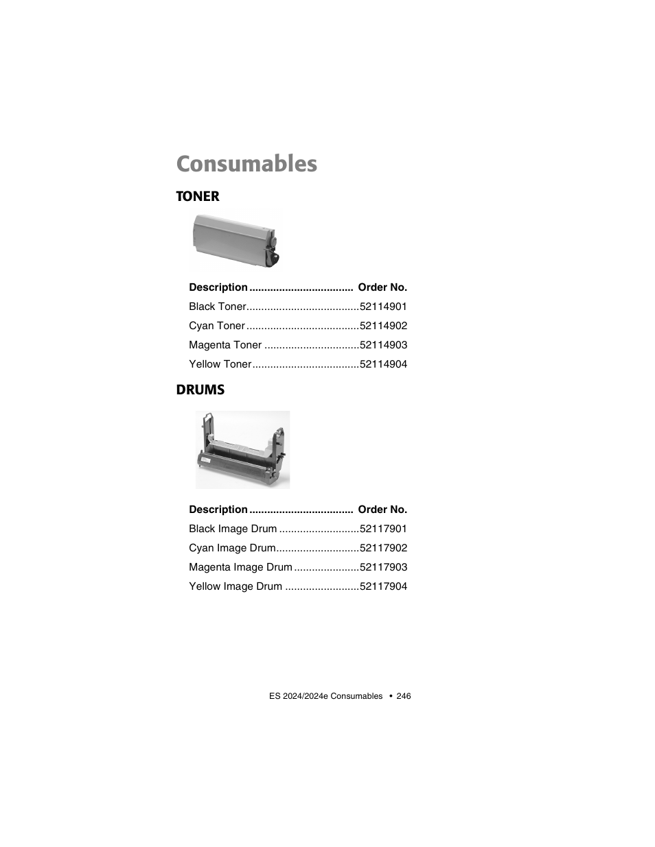 Consumables, Toner, Drums | Toner drums | Oki 2024/2024e User Manual | Page 246 / 260