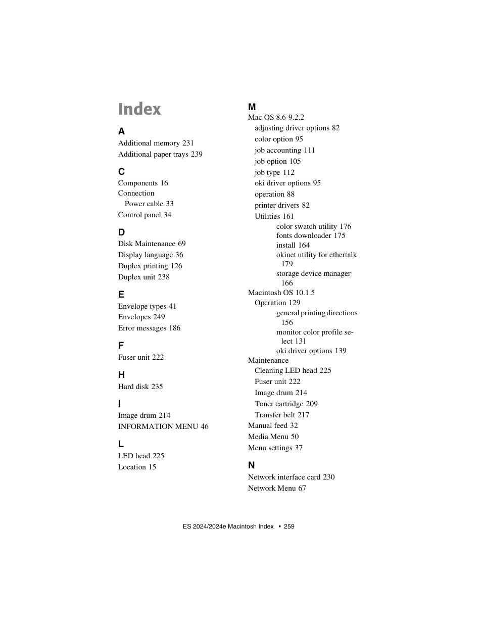 Index | Oki 2024/2024e User Manual | Page 259 / 260