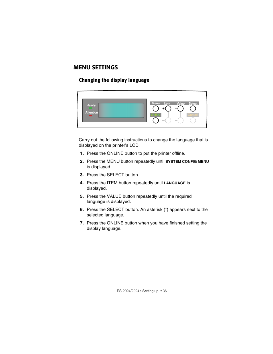 Menu settings, Changing the display language | Oki 2024/2024e User Manual | Page 36 / 260