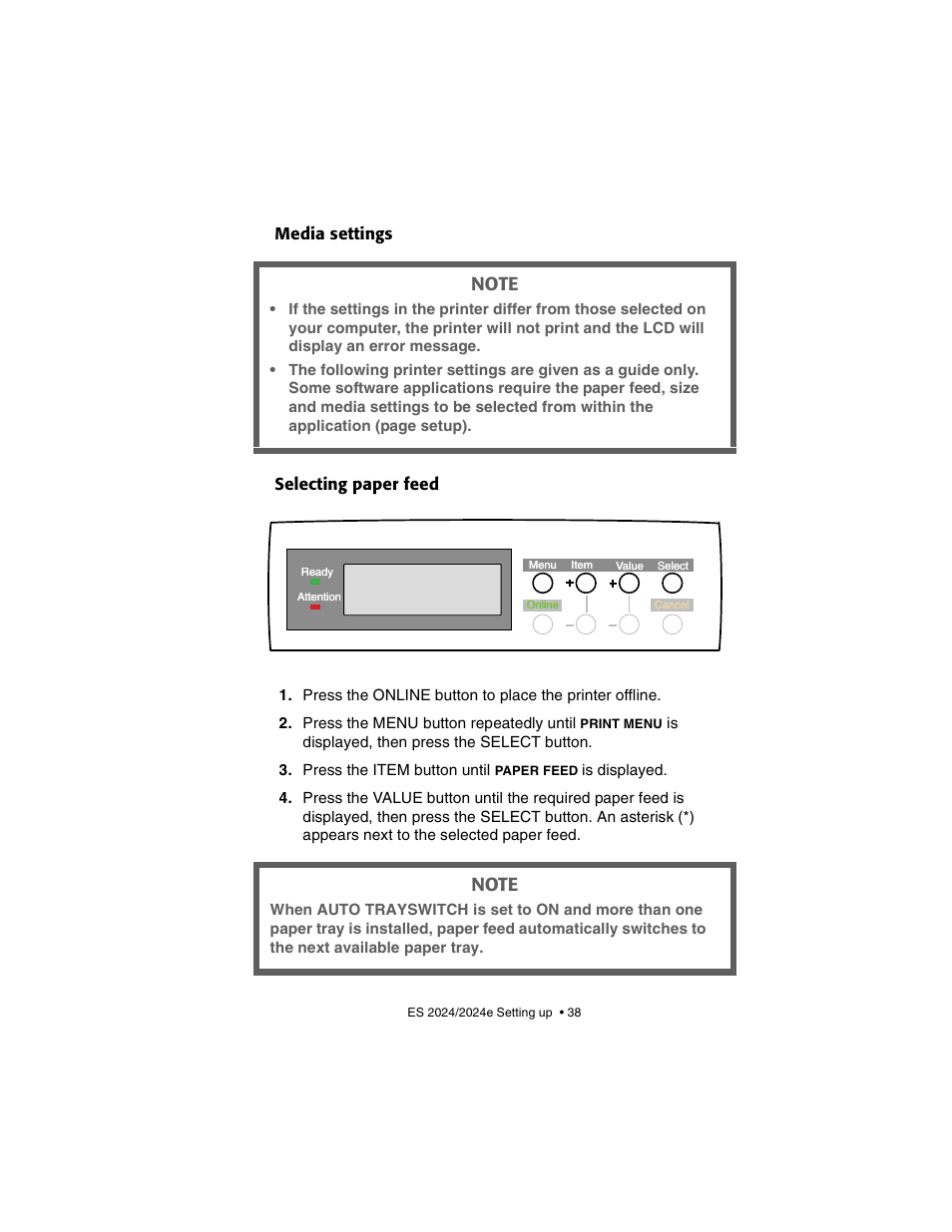 Media settings, Selecting paper feed, Media settings selecting paper feed | Oki 2024/2024e User Manual | Page 38 / 260