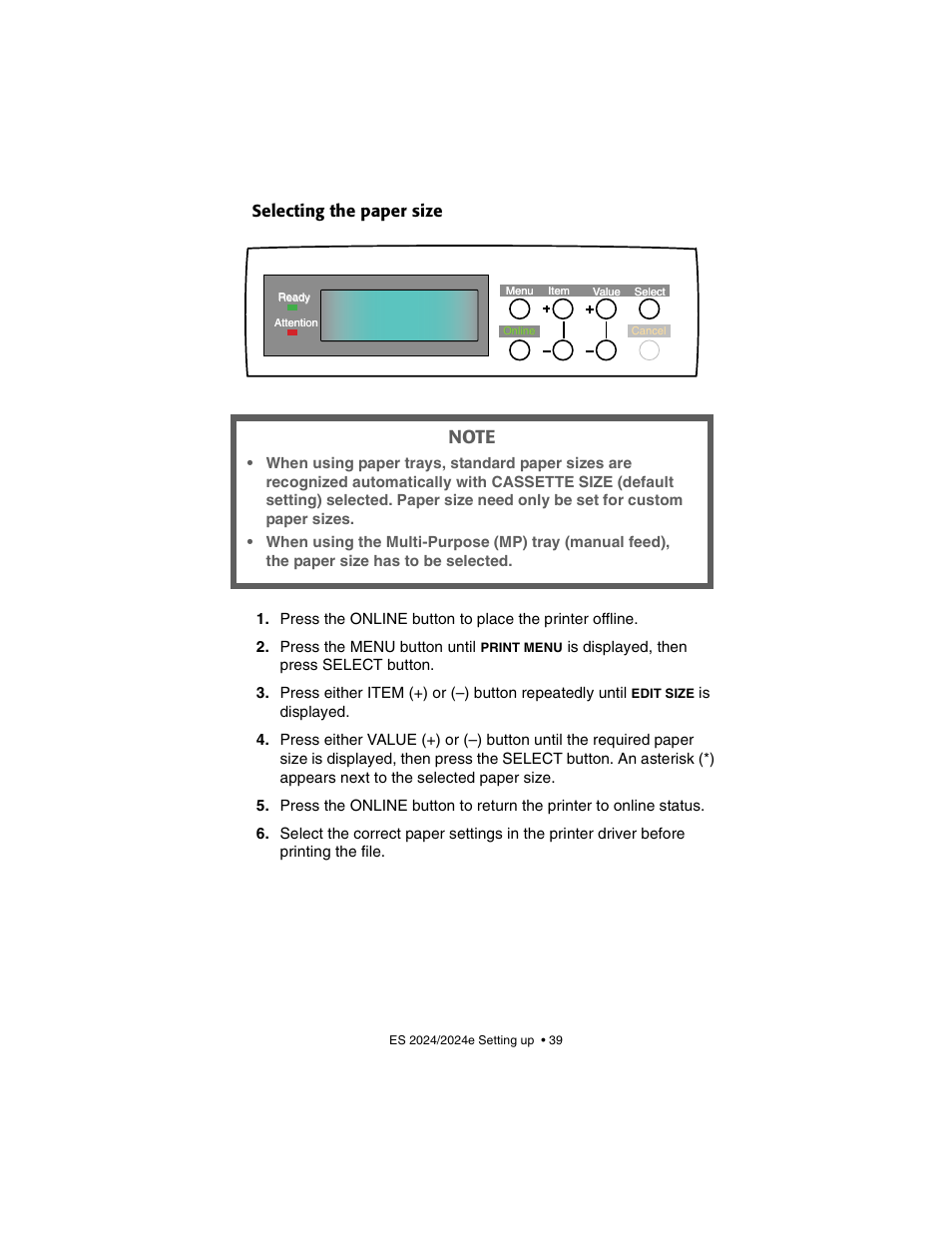 Selecting the paper size | Oki 2024/2024e User Manual | Page 39 / 260