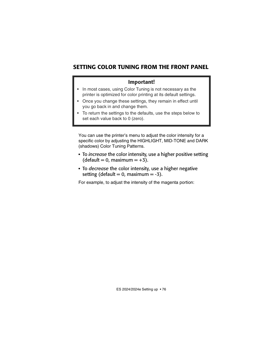 Setting color tuning from the front panel | Oki 2024/2024e User Manual | Page 76 / 260