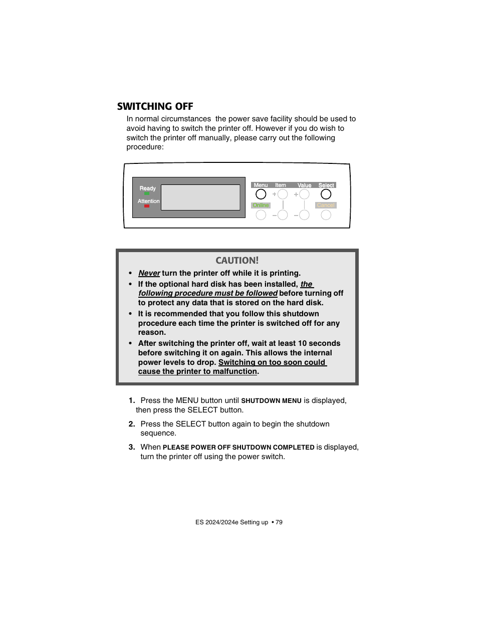 Switching off, Caution | Oki 2024/2024e User Manual | Page 79 / 260