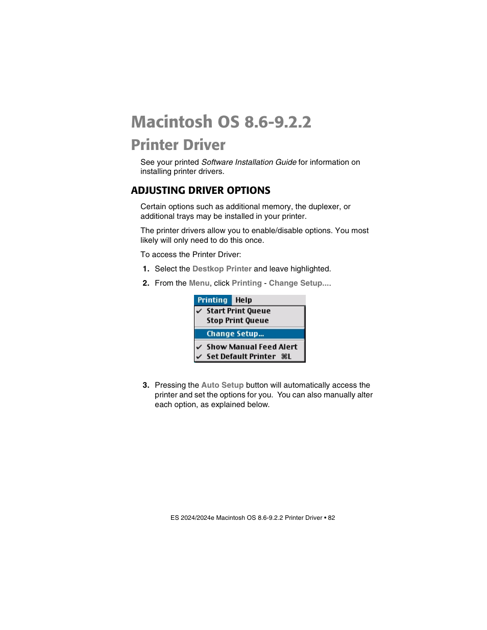 Macintosh os 8.69.2.2, Printer driver, Adjusting driver options | Macintosh os 8.6-9.2.2 | Oki 2024/2024e User Manual | Page 82 / 260