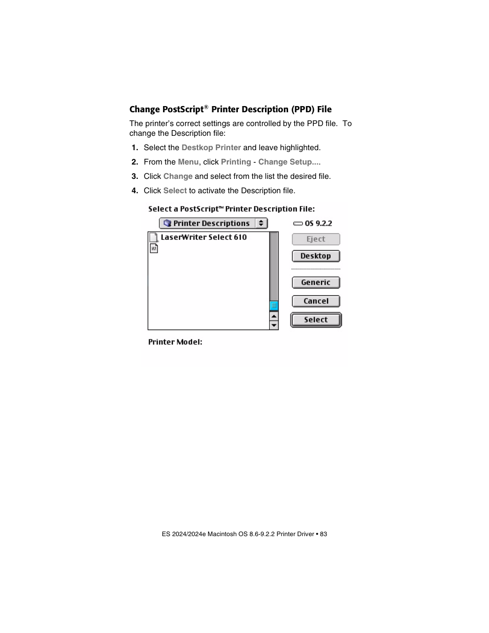 Change postscript® printer description (ppd) file, Change postscript | Oki 2024/2024e User Manual | Page 83 / 260