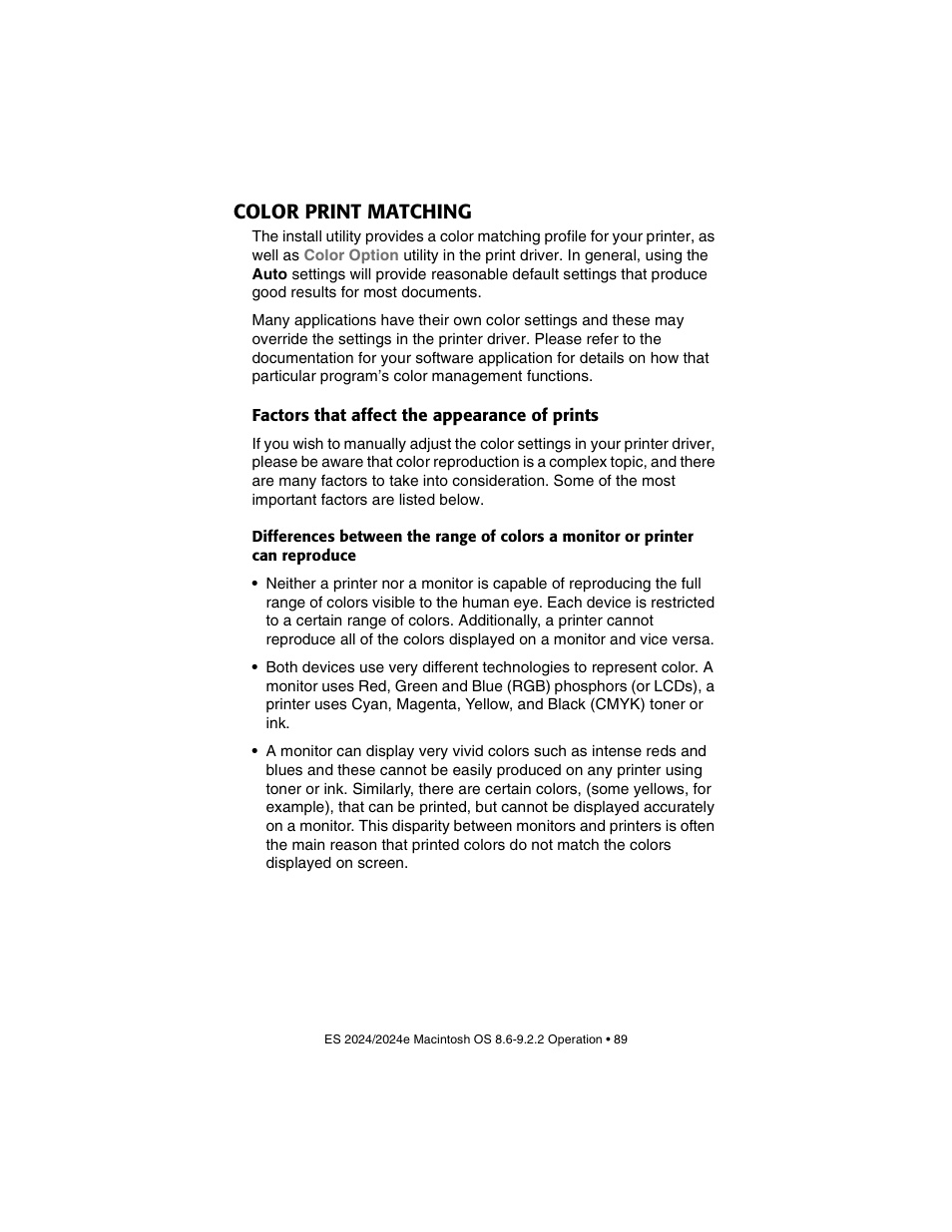Color print matching, Factors that affect the appearance of prints | Oki 2024/2024e User Manual | Page 89 / 260