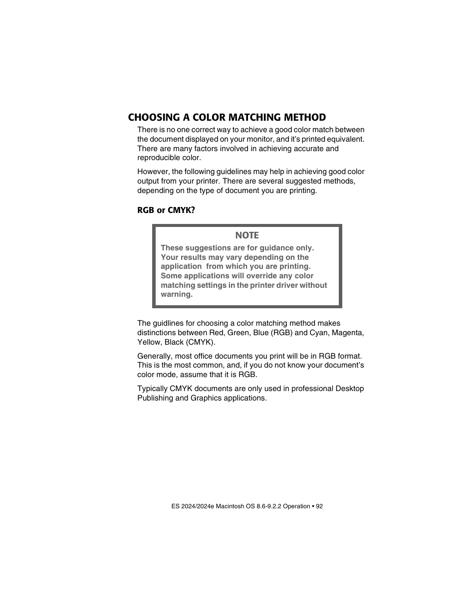 Choosing a color matching method, Rgb or cmyk | Oki 2024/2024e User Manual | Page 92 / 260