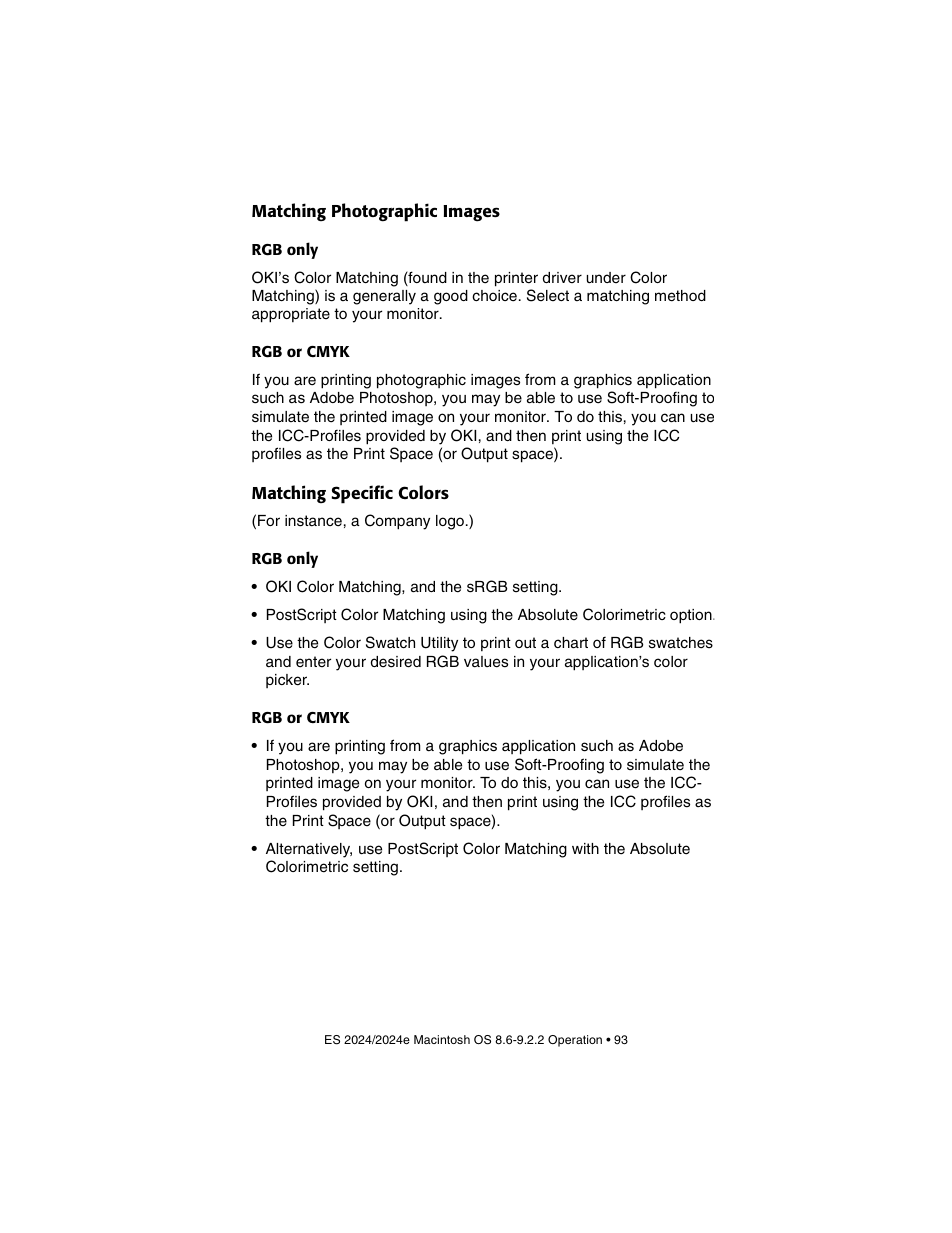 Matching photographic images, Rgb only, Rgb or cmyk | Matching specific colors | Oki 2024/2024e User Manual | Page 93 / 260