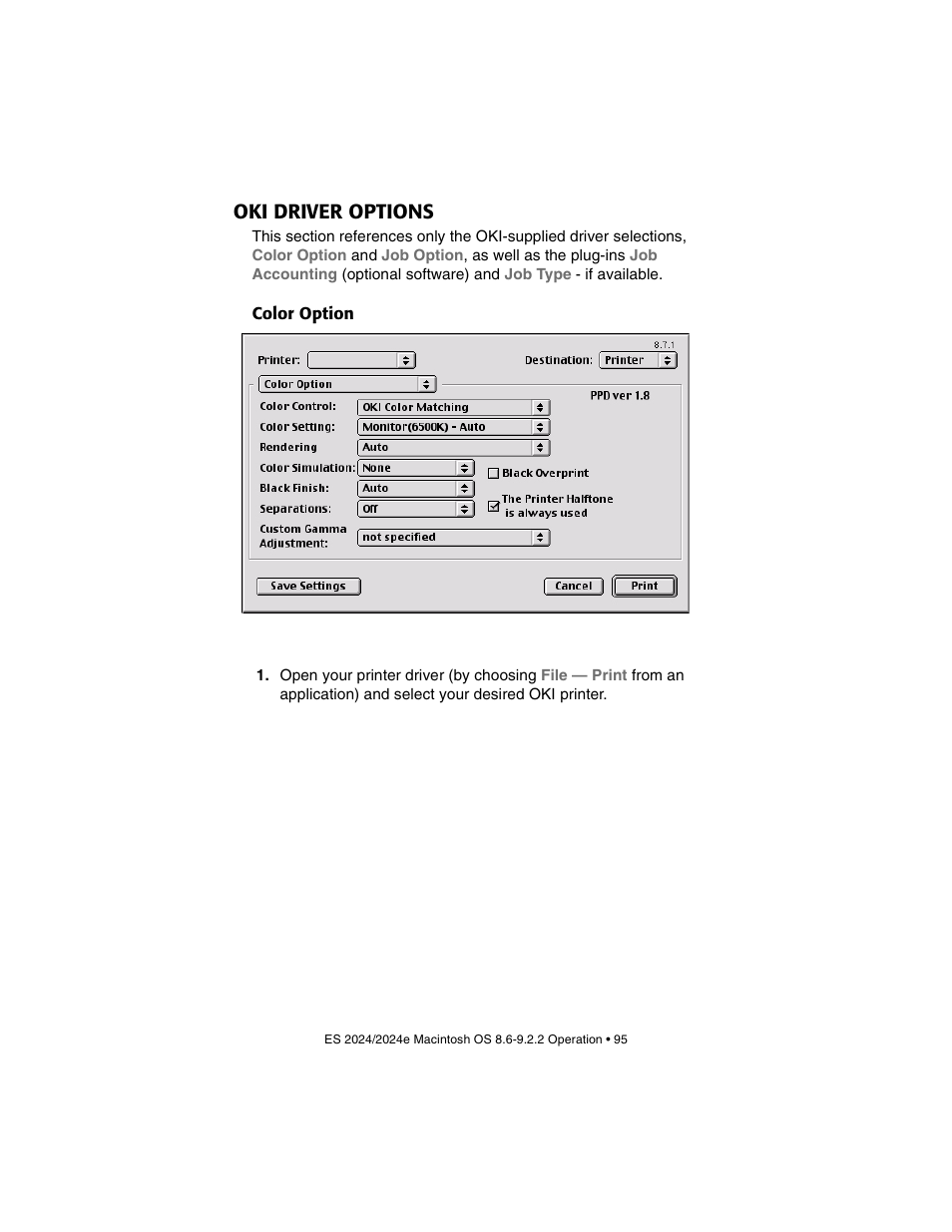Oki driver options, Color option | Oki 2024/2024e User Manual | Page 95 / 260