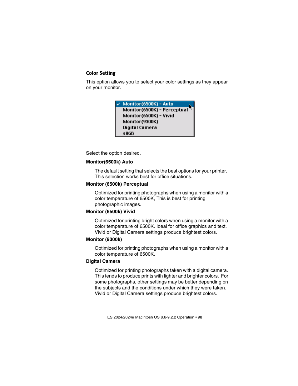Color setting | Oki 2024/2024e User Manual | Page 98 / 260