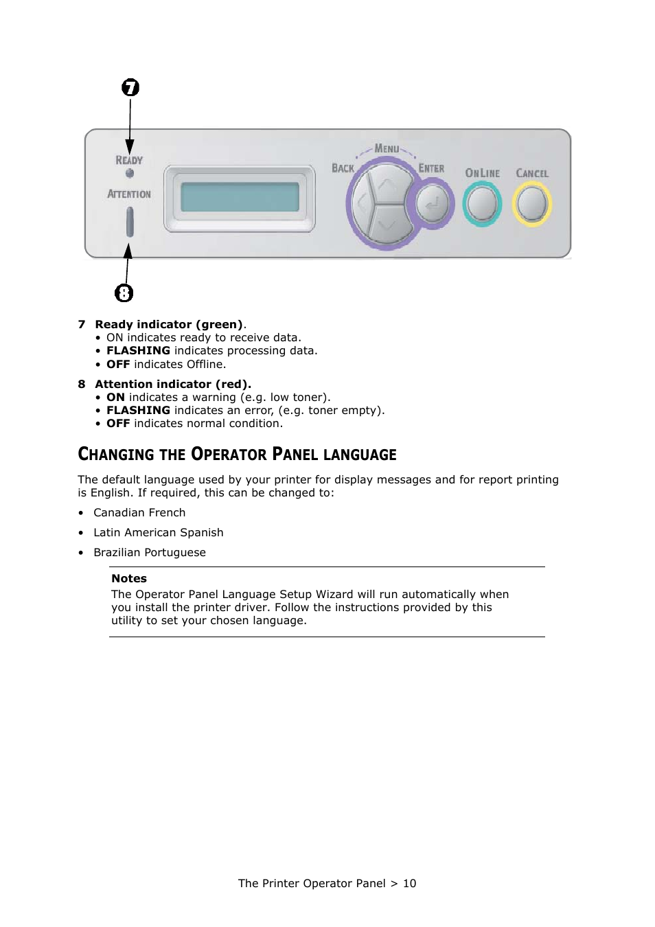 Changing the operator panel language, Hanging, Perator | Anel, Language | Oki PRINTER MPS420B User Manual | Page 10 / 74