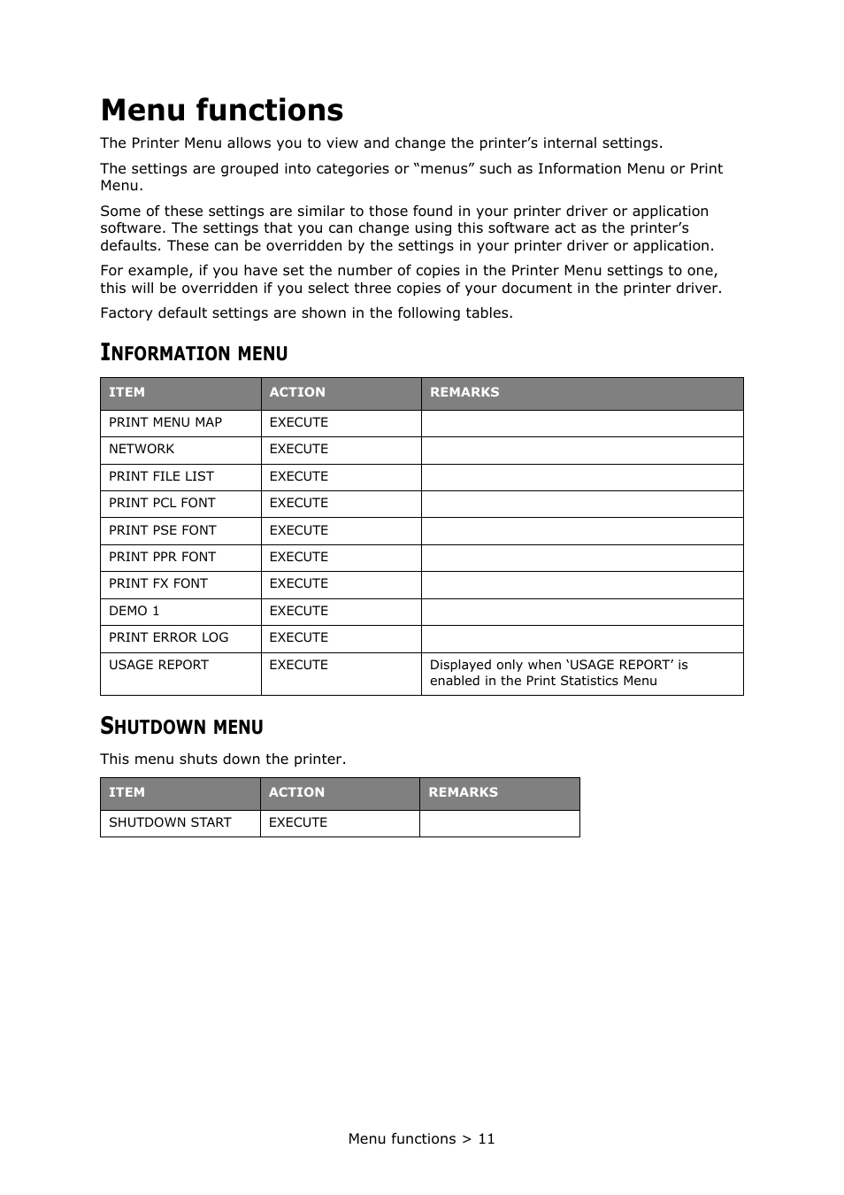 Menu functions, Information menu, Shutdown menu | Nformation, Menu, Hutdown | Oki PRINTER MPS420B User Manual | Page 11 / 74