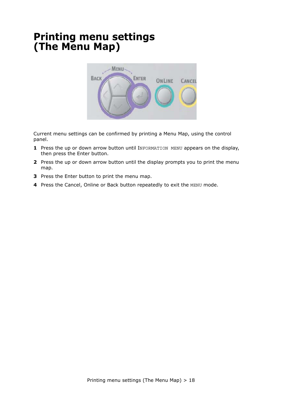 Printing menu settings (the menu map), Printing menu settings, The menu map) | Oki PRINTER MPS420B User Manual | Page 18 / 74