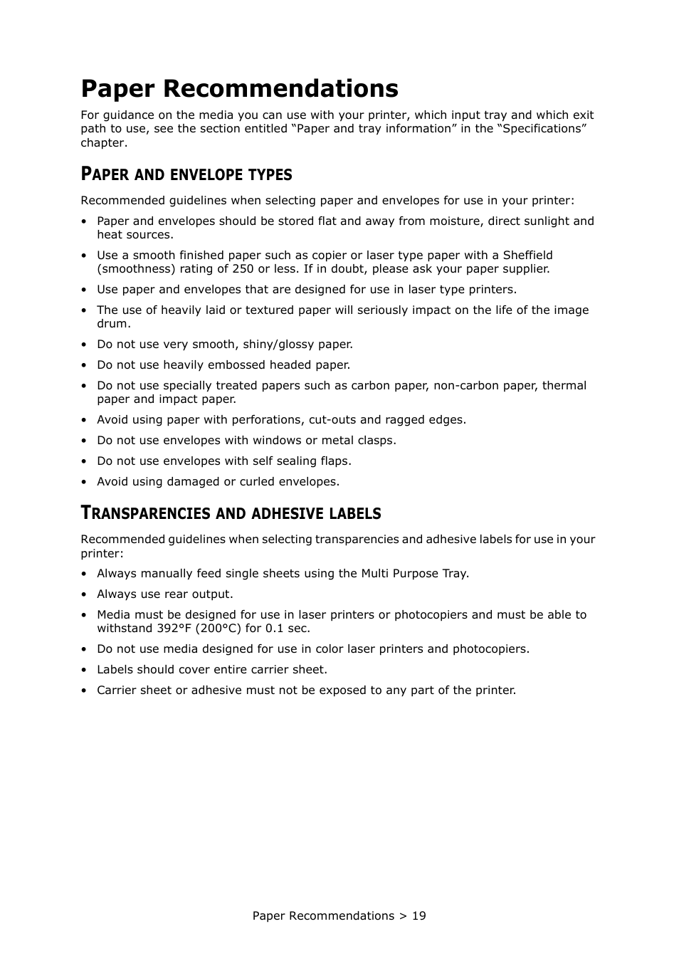 Paper recommendations, Paper and envelope types, Transparencies and adhesive labels | Oki PRINTER MPS420B User Manual | Page 19 / 74