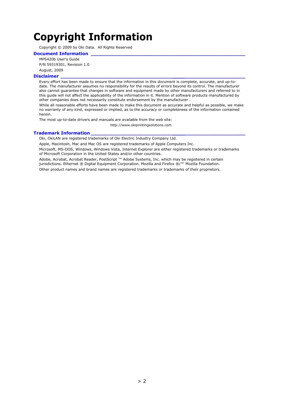 Document information, Disclaimer, Trademark information | Copyright information | Oki PRINTER MPS420B User Manual | Page 2 / 74