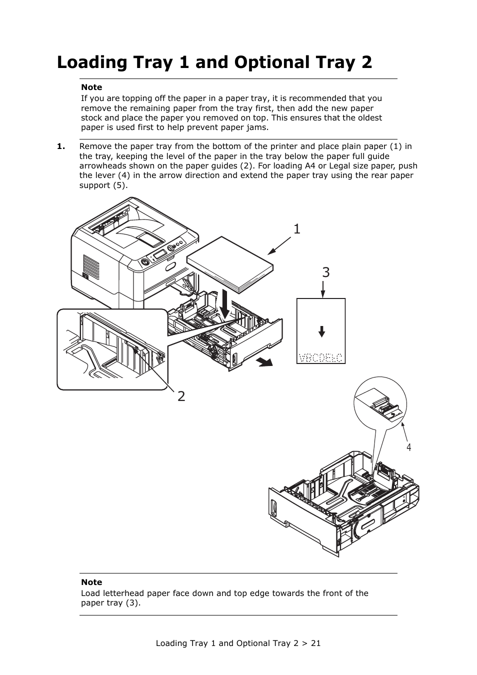 Loading tray 1 and optional tray 2 | Oki PRINTER MPS420B User Manual | Page 21 / 74