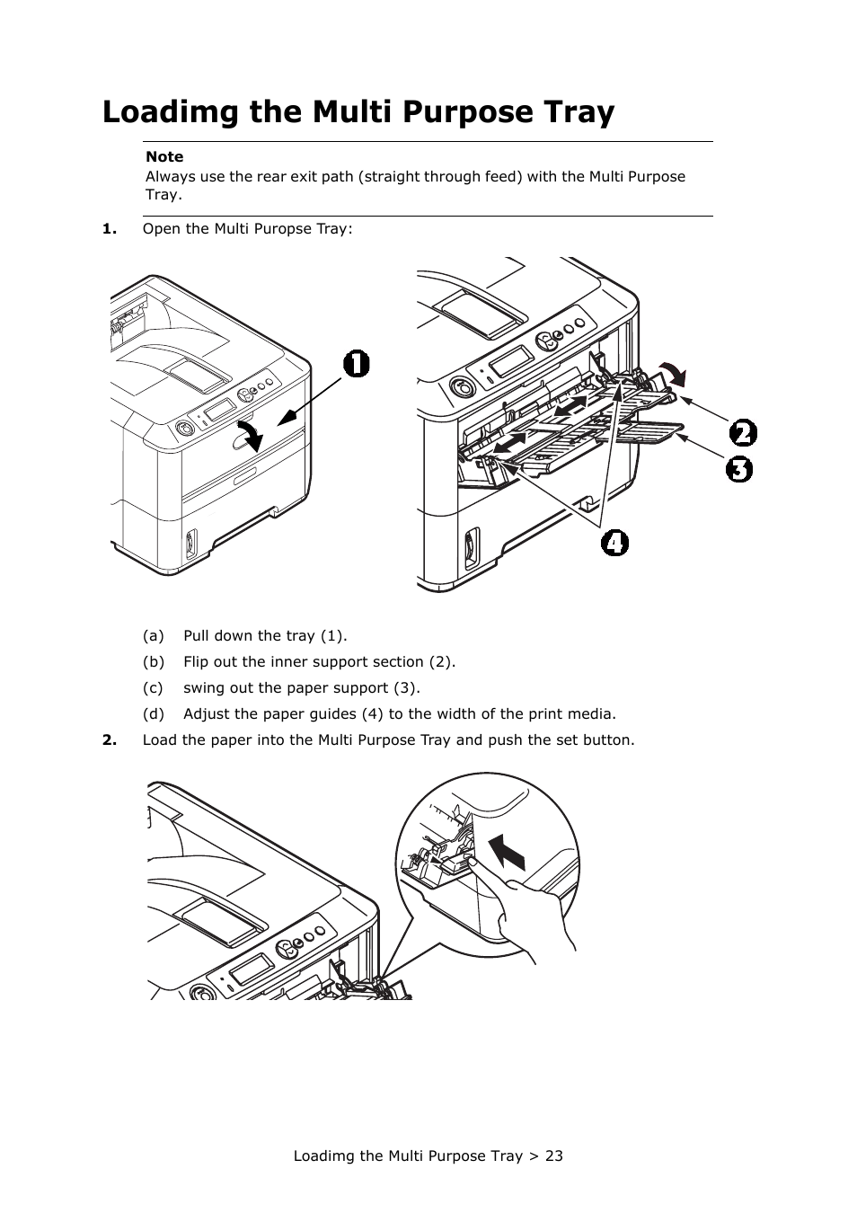 Loadimg the multi purpose tray | Oki PRINTER MPS420B User Manual | Page 23 / 74