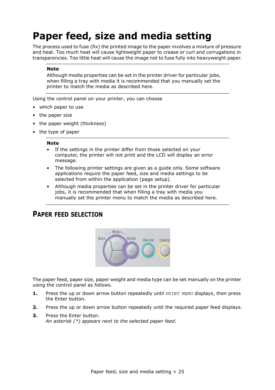 Paper feed, size and media setting, Paper feed selection, Aper | Feed, Selection | Oki PRINTER MPS420B User Manual | Page 25 / 74