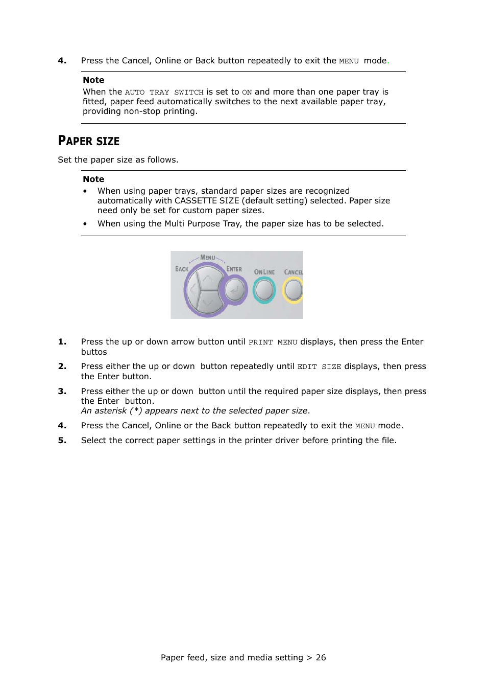 Paper size, Aper, Size | Oki PRINTER MPS420B User Manual | Page 26 / 74