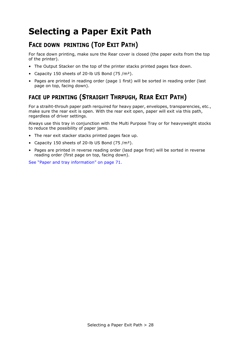 Selecting a paper exit path, Face down printing (top exit path), Face up printing (top exit path) | Oki PRINTER MPS420B User Manual | Page 28 / 74