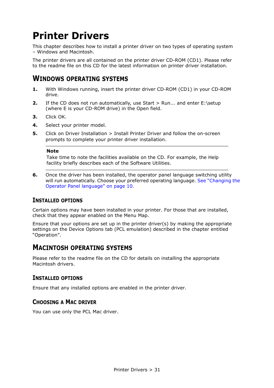 Printer drivers, Windows operating systems, Installed options | Macintosh operating systems, Choosing a mac driver | Oki PRINTER MPS420B User Manual | Page 31 / 74