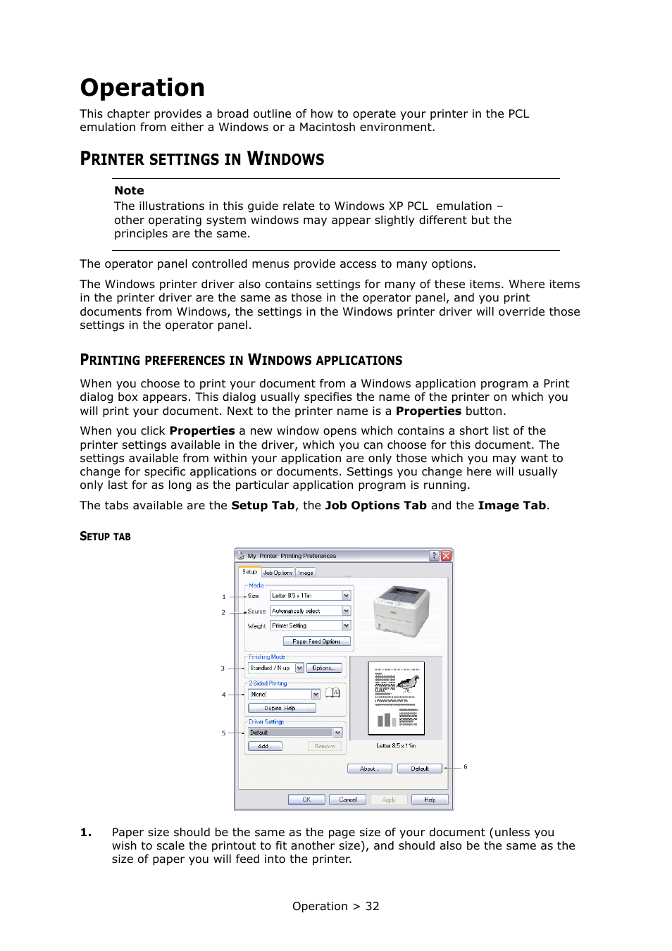 Operation, Printer settings in windows, Printing preferences in windows applications | Oki PRINTER MPS420B User Manual | Page 32 / 74