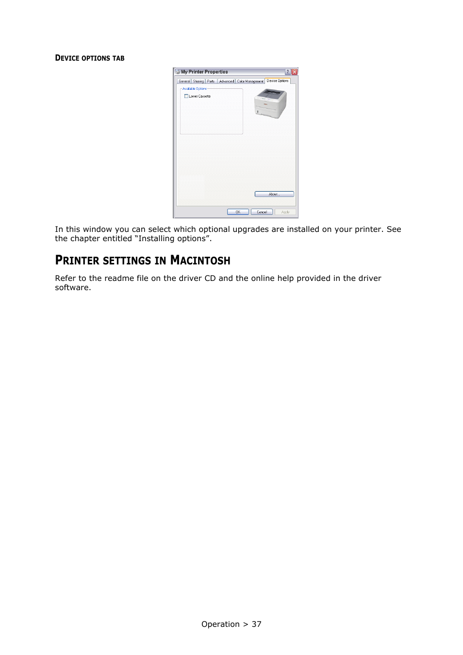 Printer settings in macintosh | Oki PRINTER MPS420B User Manual | Page 37 / 74