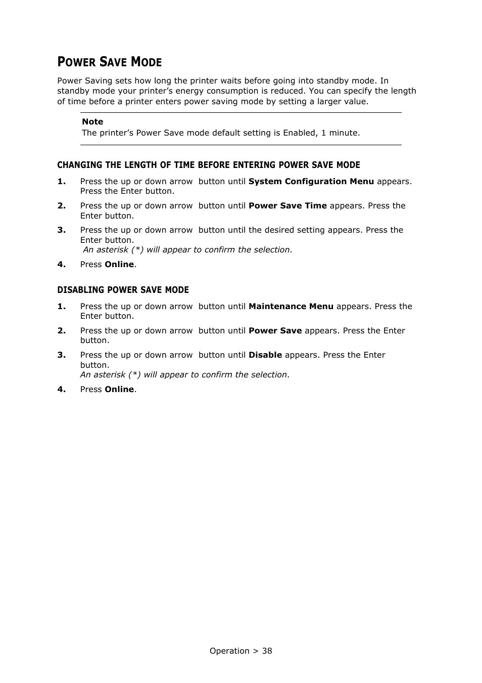 Power save mode, Disabling power save mode | Oki PRINTER MPS420B User Manual | Page 38 / 74