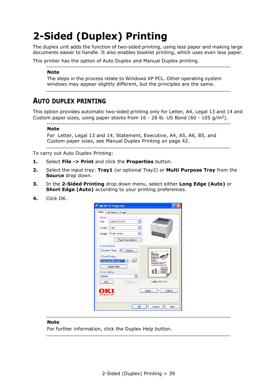 Sided (duplex) printing, Auto duplex printing, Duplex | Printing | Oki PRINTER MPS420B User Manual | Page 39 / 74