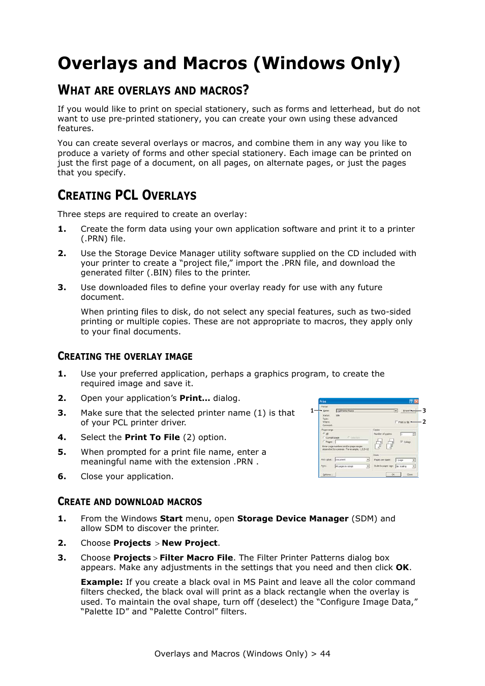 Overlays and macros (windows only), What are overlays and macros, Creating pcl overlays | Creating the overlay image, Create and download macros, Pcl o | Oki PRINTER MPS420B User Manual | Page 44 / 74