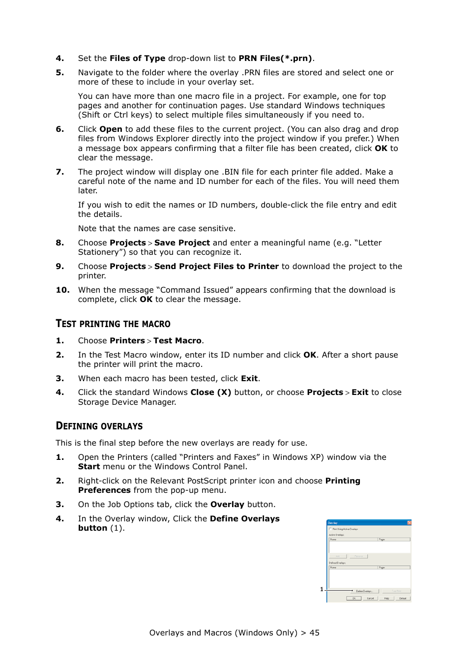 Test printing the macro, Defining overlays | Oki PRINTER MPS420B User Manual | Page 45 / 74