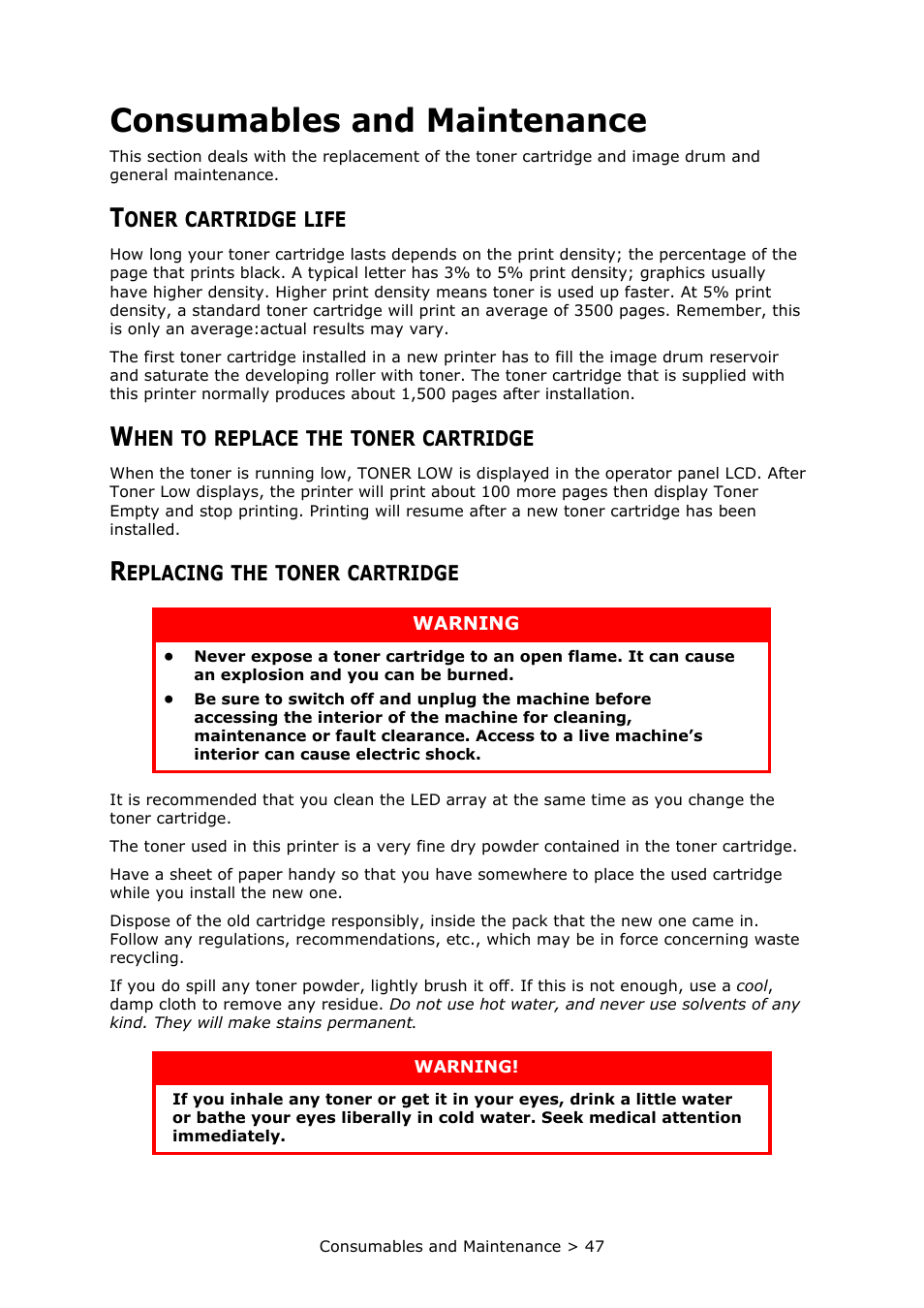 Consumables and maintenance, Toner cartridge life, When to replace the toner cartridge | Replacing the toner cartridge | Oki PRINTER MPS420B User Manual | Page 47 / 74