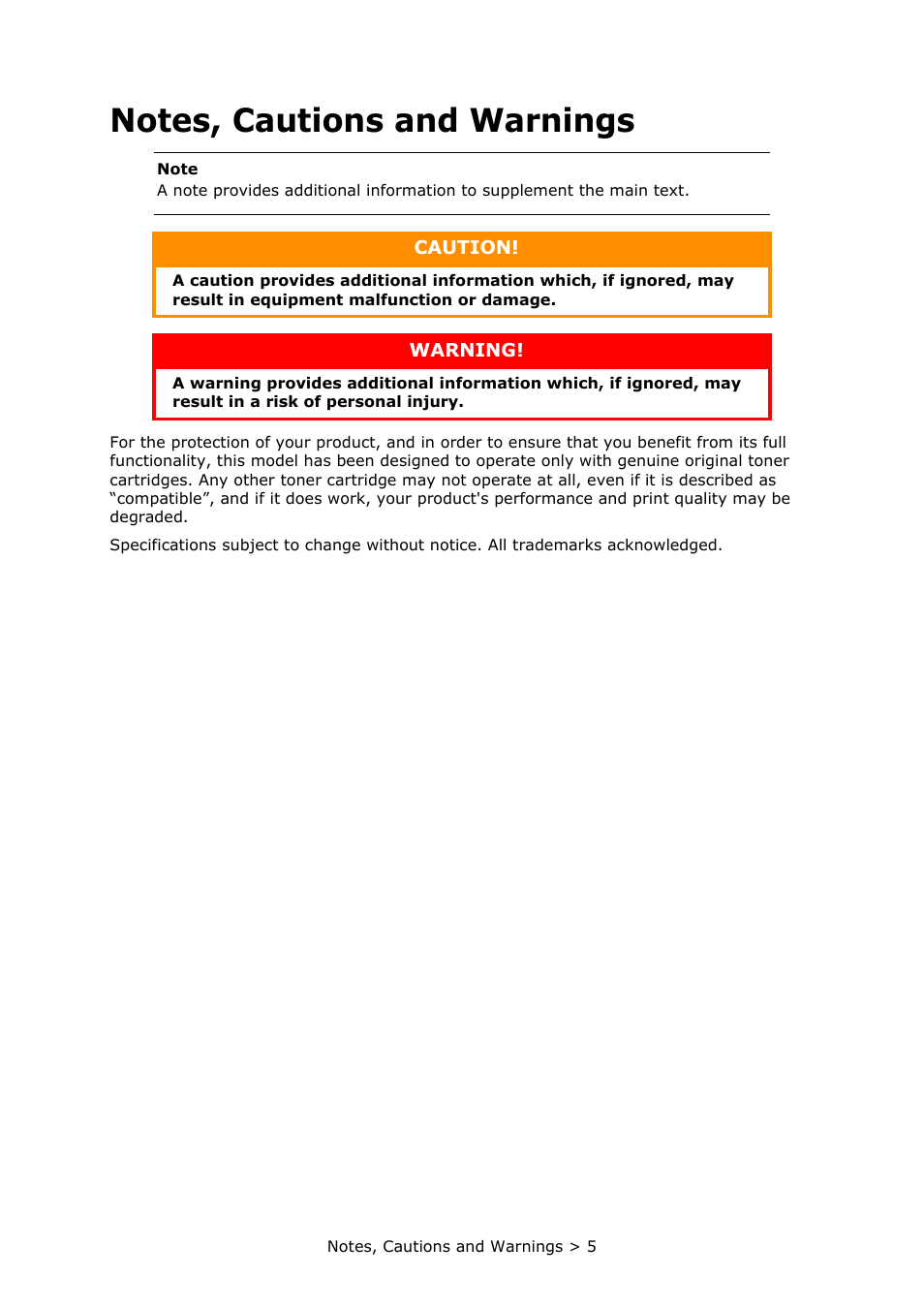 Notes, cautions and warnings | Oki PRINTER MPS420B User Manual | Page 5 / 74