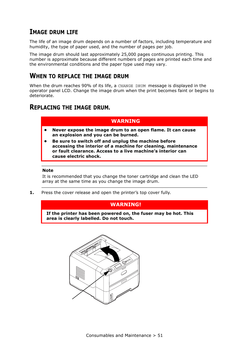 Image drum life, When to replace the image drum, Replacing the image drum | Oki PRINTER MPS420B User Manual | Page 51 / 74