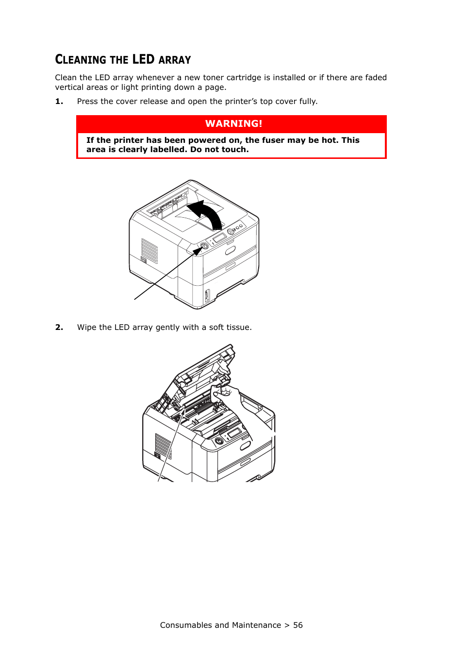 Cleaning the led array | Oki PRINTER MPS420B User Manual | Page 56 / 74