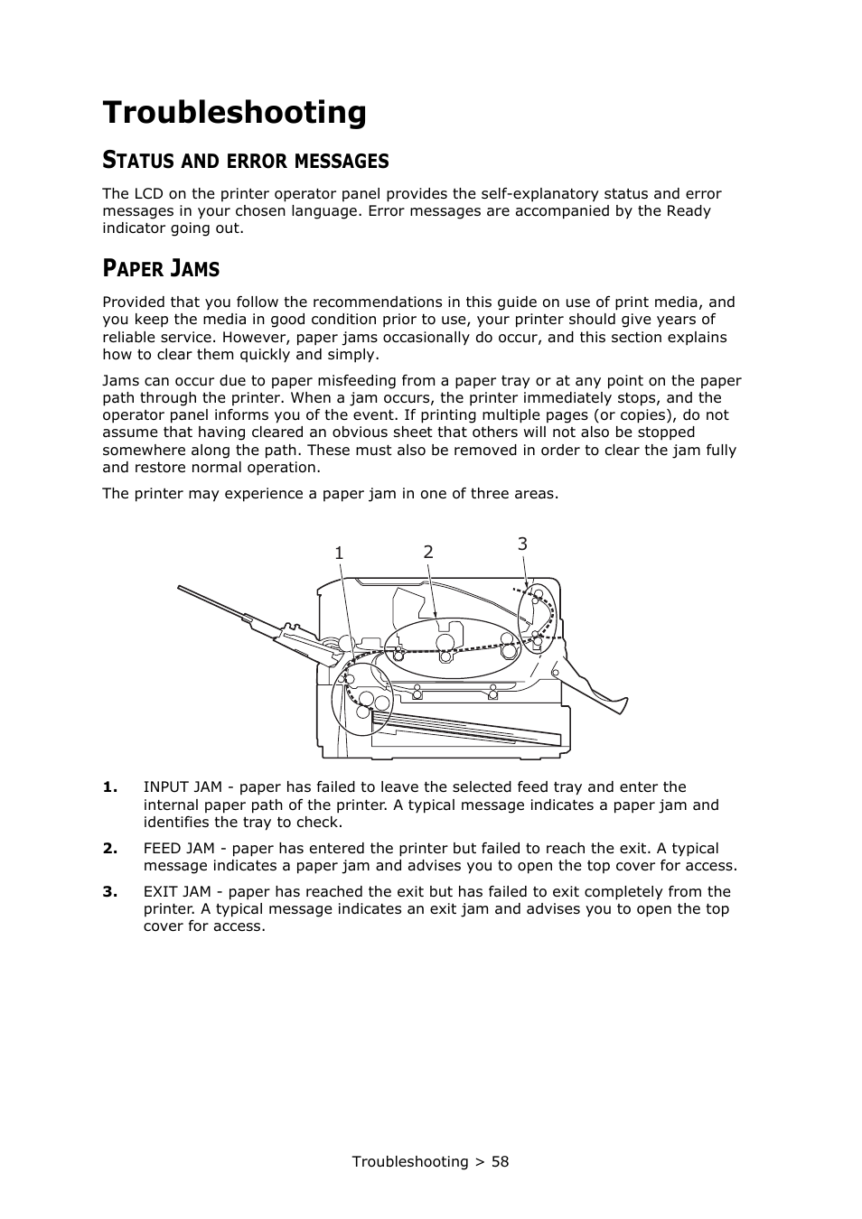 Troubleshooting, Status and error messages, Paper jams | Oki PRINTER MPS420B User Manual | Page 58 / 74