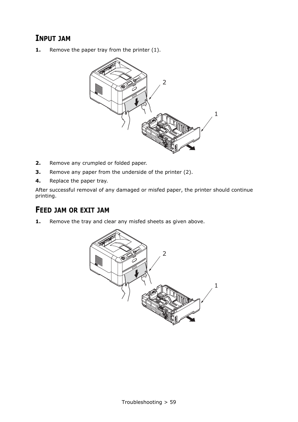 Input jam, Feed jam or exit jam | Oki PRINTER MPS420B User Manual | Page 59 / 74