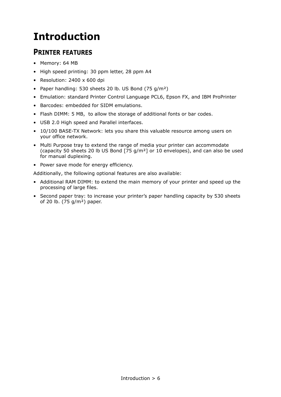 Introduction, Printer features, Rinter | Features | Oki PRINTER MPS420B User Manual | Page 6 / 74