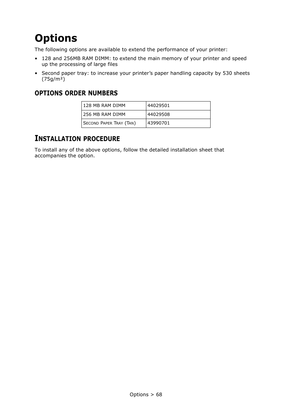 Options, Options order numbers, Installation procedure | Order, Numbers, Nstallation, Procedure | Oki PRINTER MPS420B User Manual | Page 68 / 74