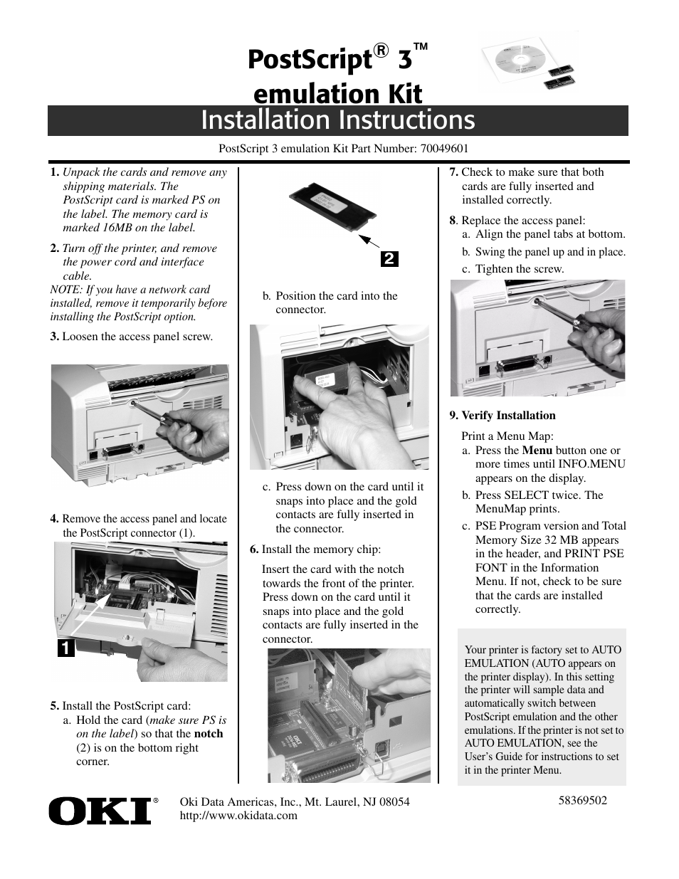 Oki POSTSCRIPT 3TM 70049601 User Manual | 2 pages