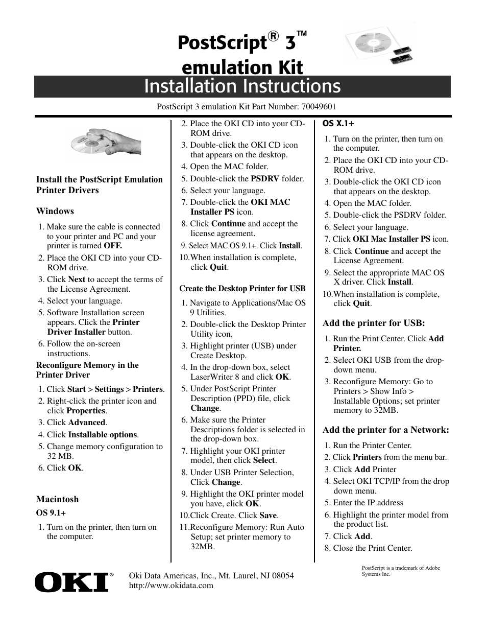 Postscript, Emulation kit installation instructions | Oki POSTSCRIPT 3TM 70049601 User Manual | Page 2 / 2