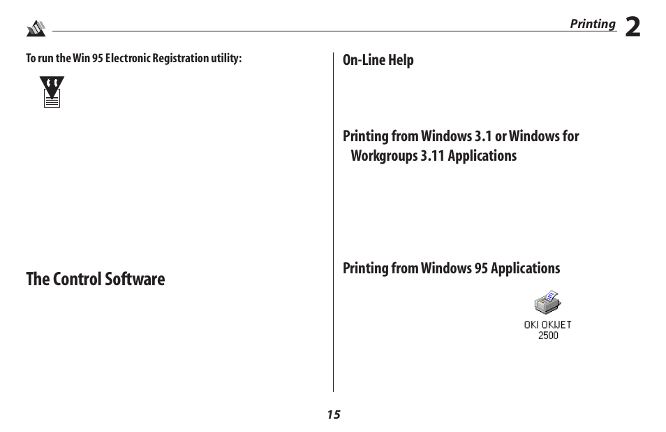 The control software, On-line help, Printing from windows 95 applications | Oki 2500 User Manual | Page 21 / 80